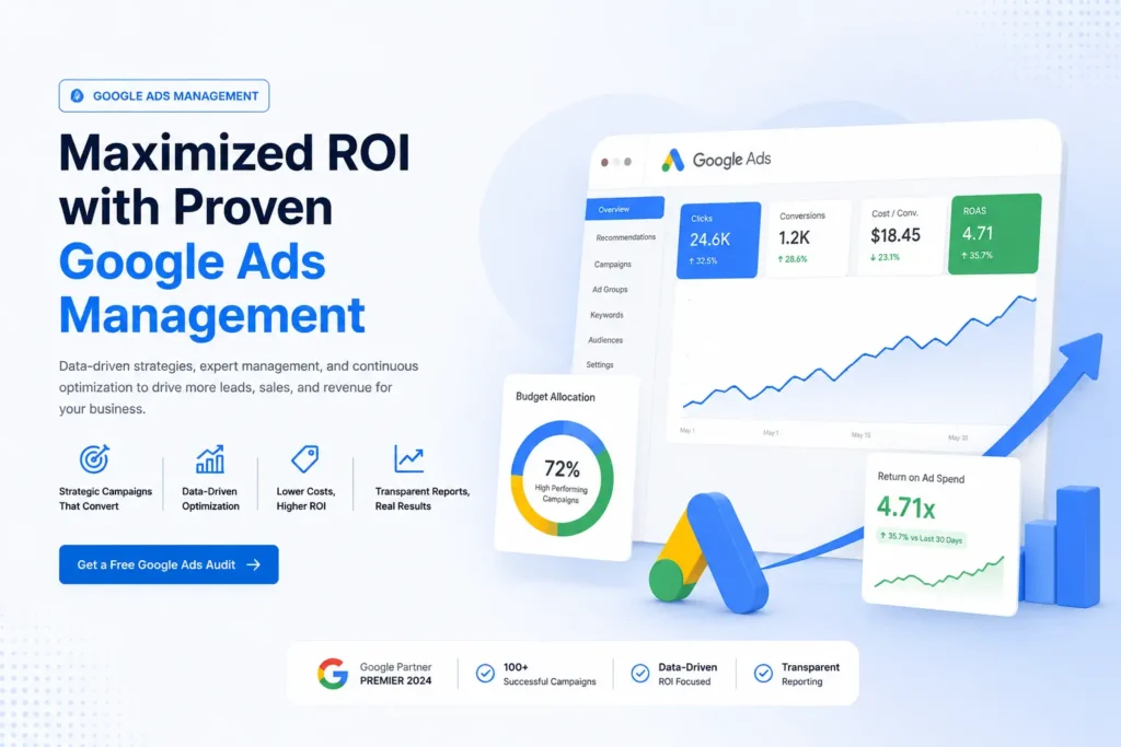 Google Ads Management service page hero banner featuring a digital marketing dashboard showing positive growth metrics, a 4.71x ROAS, and a Google Partner badge.